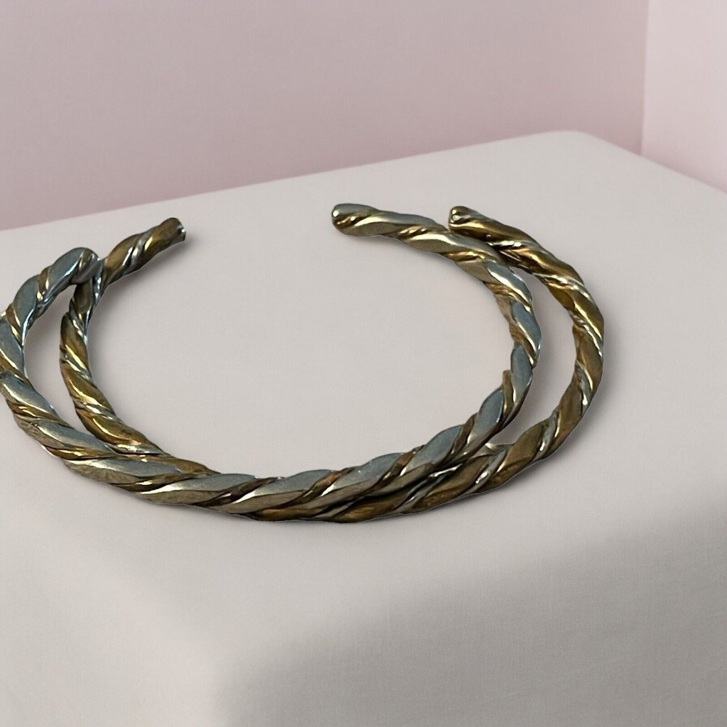 Sergio Lub Signed Set Of 2 Cuff Bracelets Spiral Twist Silver & Copper Tone